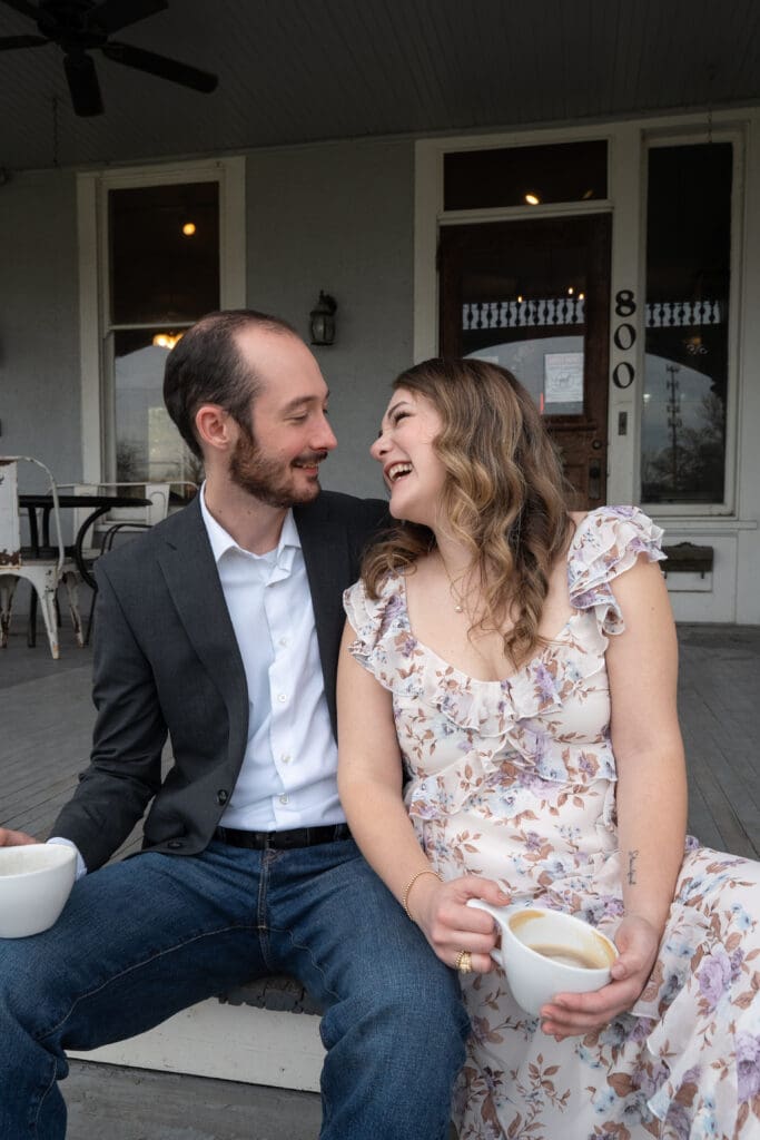 College Station engagement photos of a couple laughing during their session