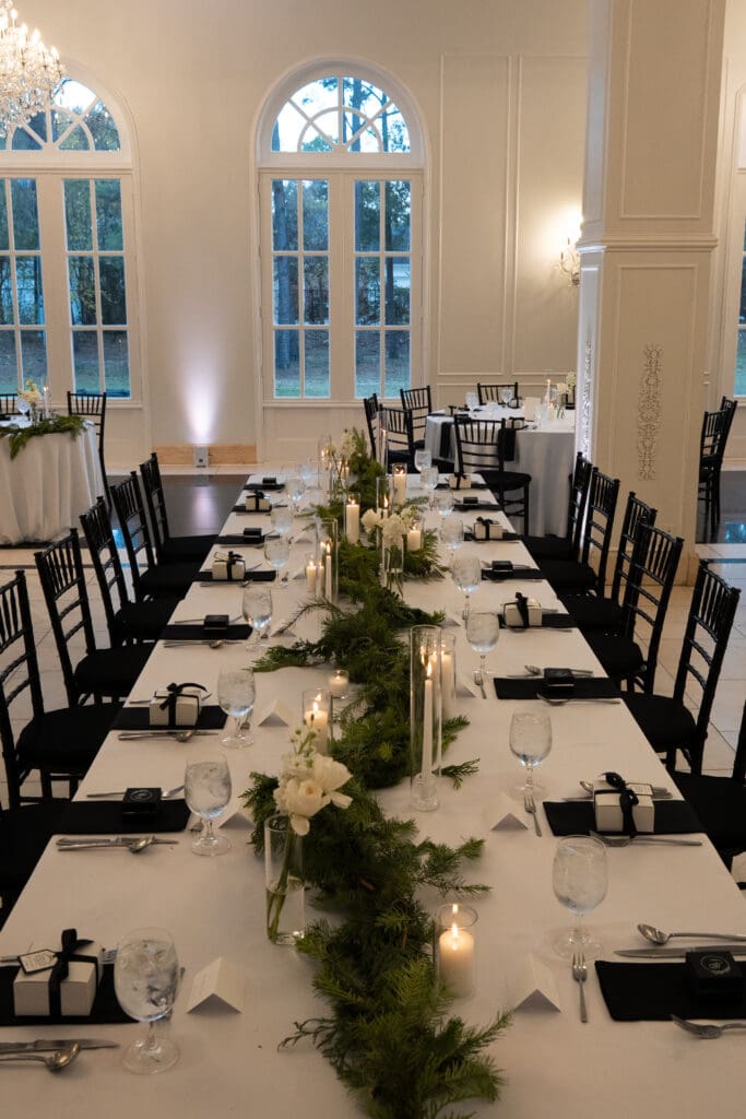dinner table with candles at Chateau Nouvelle wedding