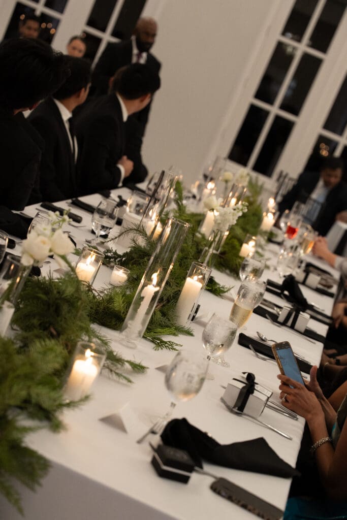 dinner table with candles at Chateau Nouvelle wedding